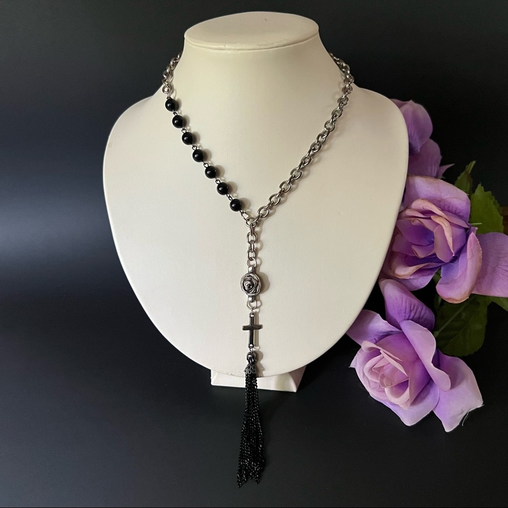 Rock Style Rose Cross Skull Black Beads Tassel Necklace Choker